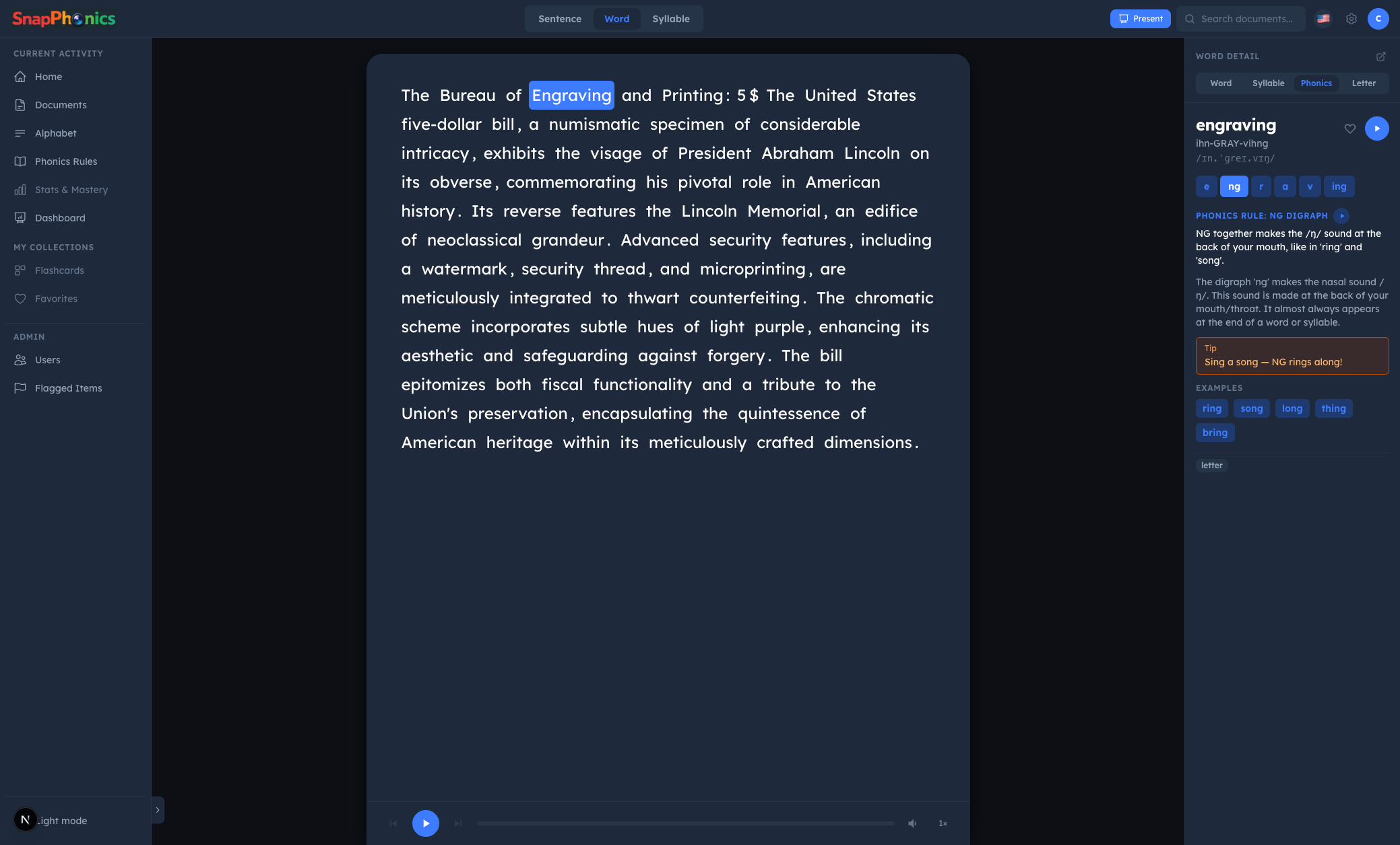 SnapPhonics document viewer with phonics breakdown